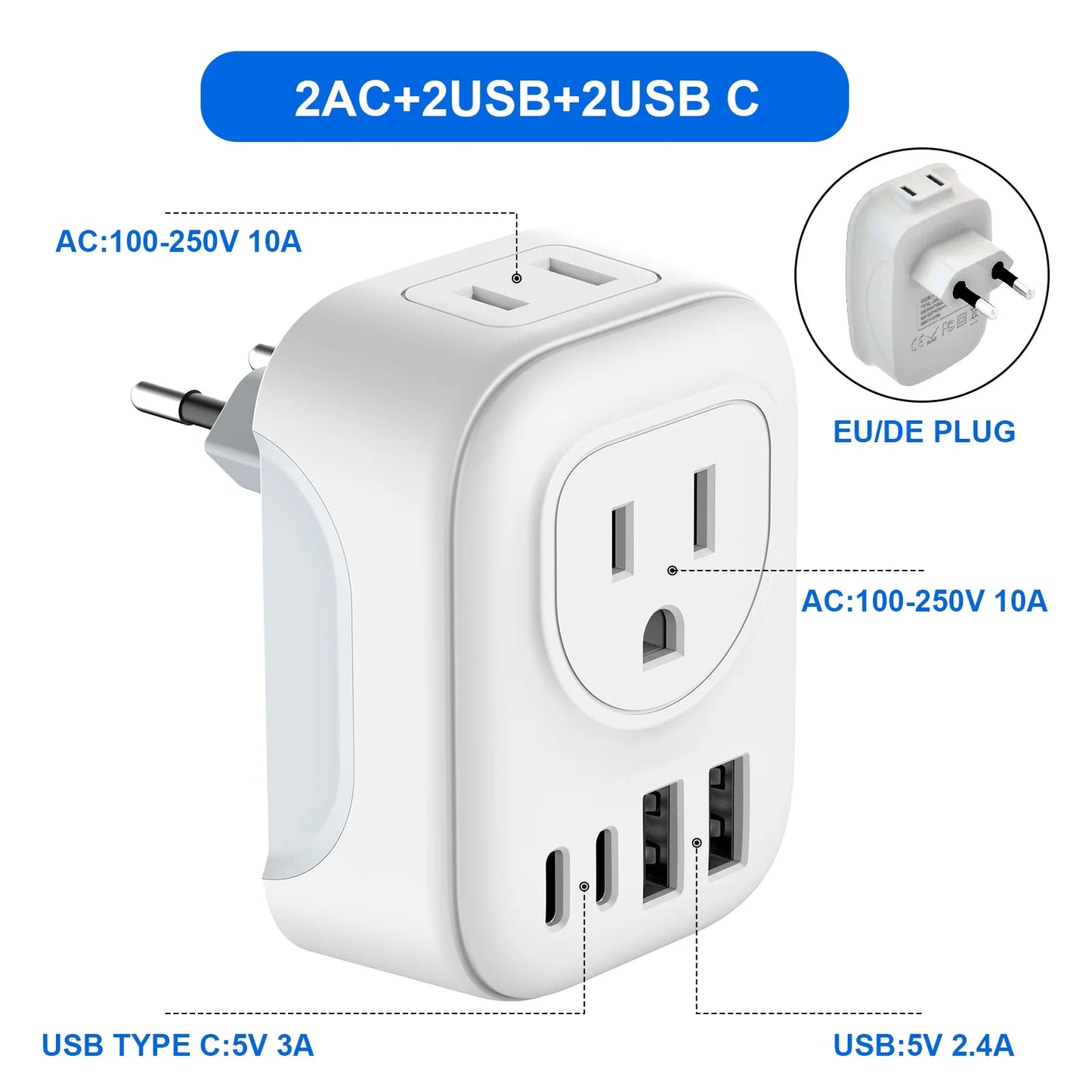 European Travel Plug Adapter, International Plug Adapter with 2 AC Outlets 4 USB Ports(2 USB C), Type C Plug Adapter Travel Essentials for US to Most Europe France Germany Italy Spain