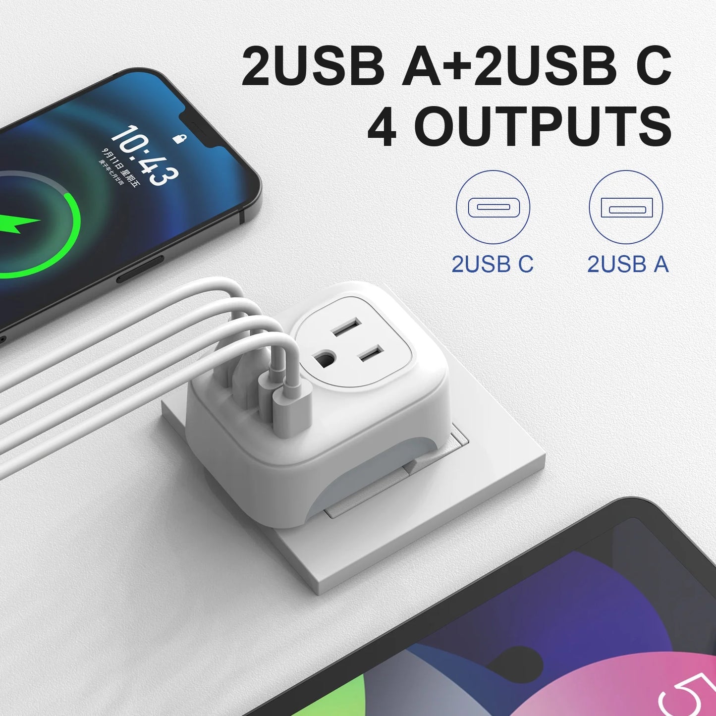 European Travel Plug Adapter, International Plug Adapter with 2 AC Outlets 4 USB Ports(2 USB C), Type C Plug Adapter Travel Essentials for US to Most Europe France Germany Italy Spain