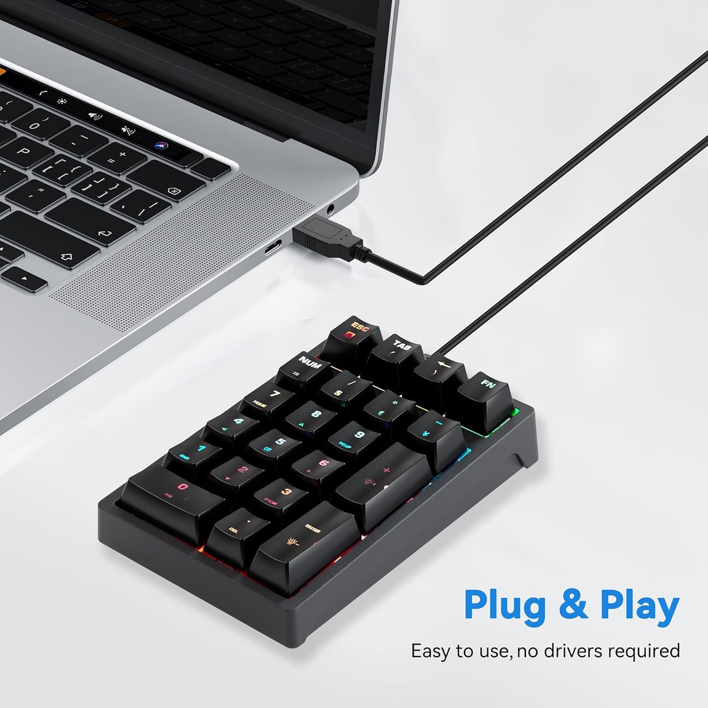 Number Pad, Mechanical USB Wired Numeric Keypad with Blue LED Backlit 21 Key Min