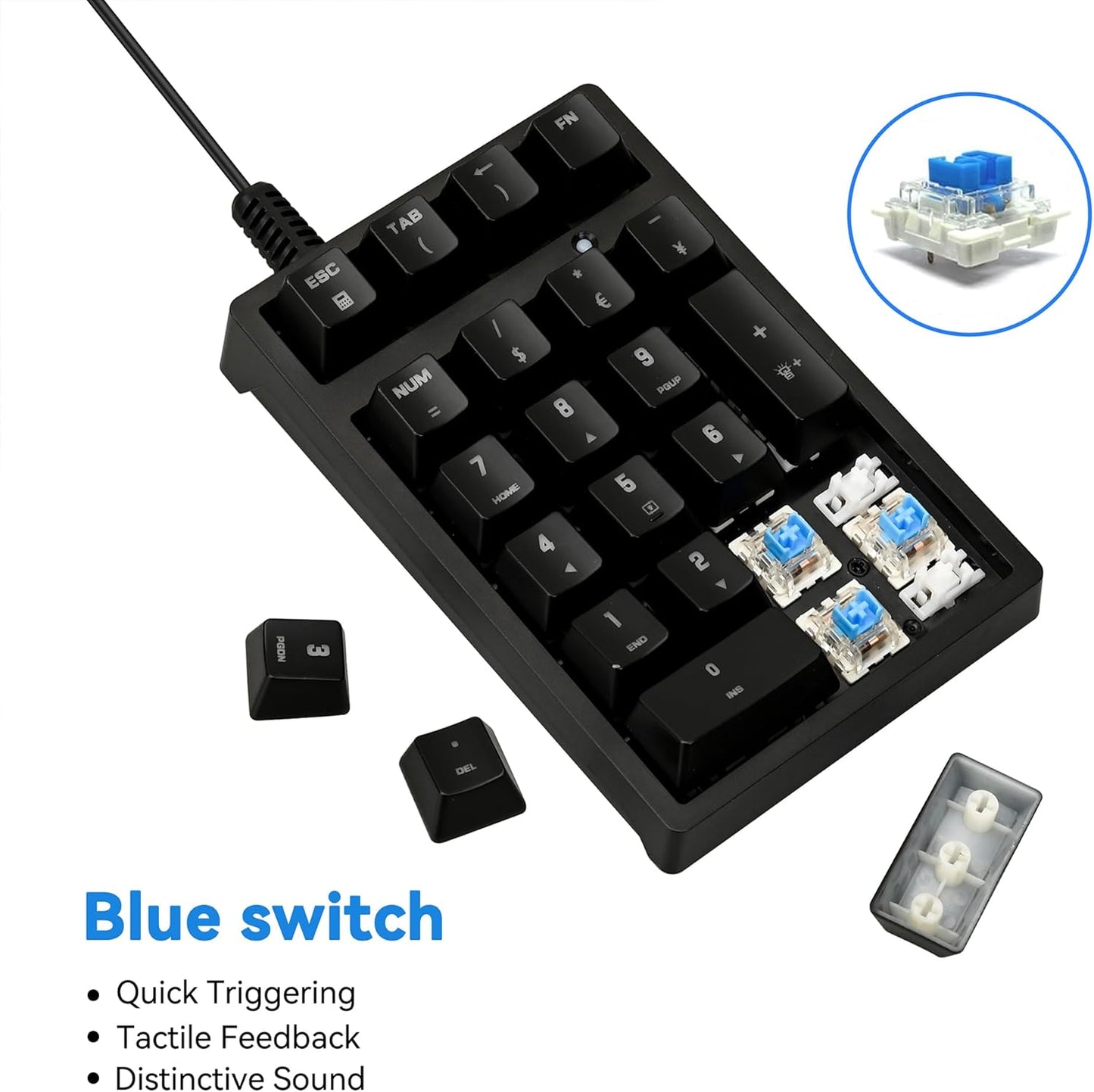 Number Pad, Mechanical USB Wired Numeric Keypad with Blue LED Backlit 21 Key Min