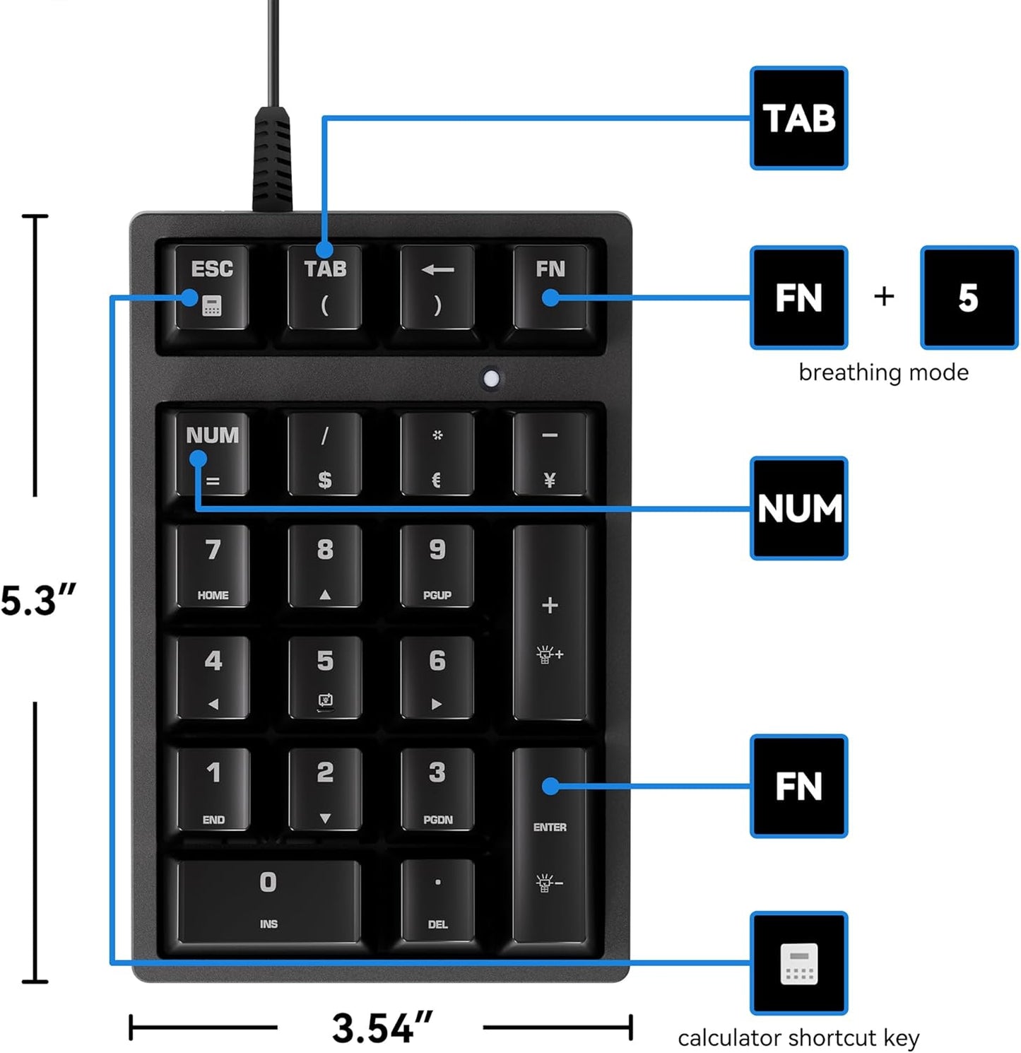 Number Pad, Mechanical USB Wired Numeric Keypad with Blue LED Backlit 21 Key Min