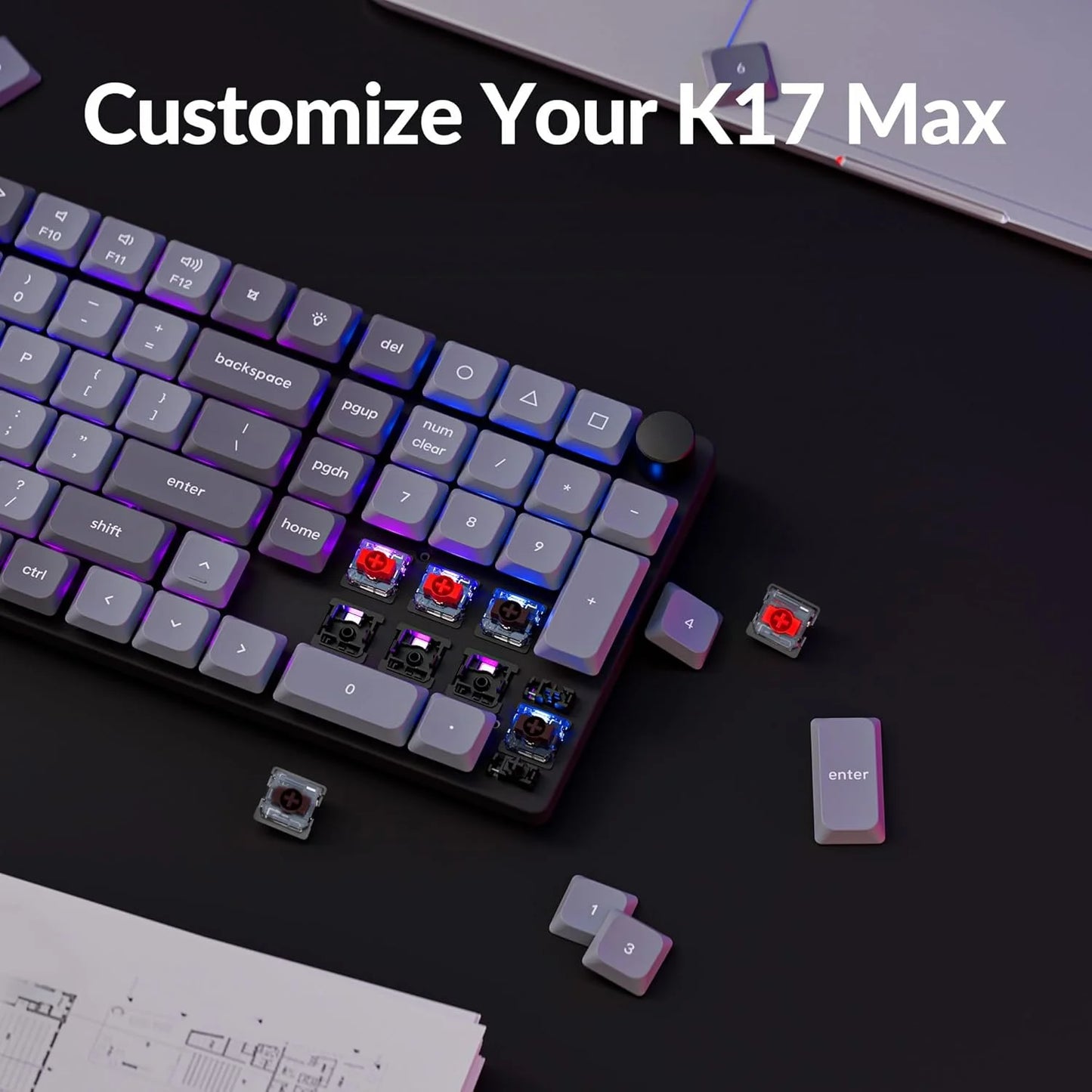 K17 Max Qmk/Launcher Ultra-Slim Wireless/Type-C Wired Mechanical Keyboard with RGB Backlit Hot-Swappable, Low-Profile Gateron Mechanical Red Switch Compatible with Mac Windows Linux
