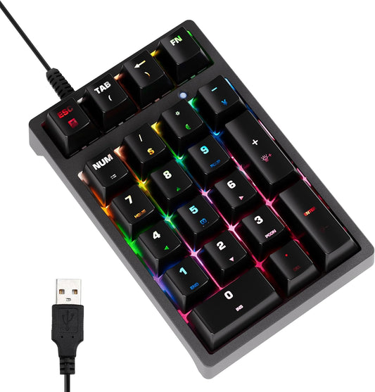 Number Pad, Mechanical USB Wired Numeric Keypad with Blue LED Backlit 21 Key Min
