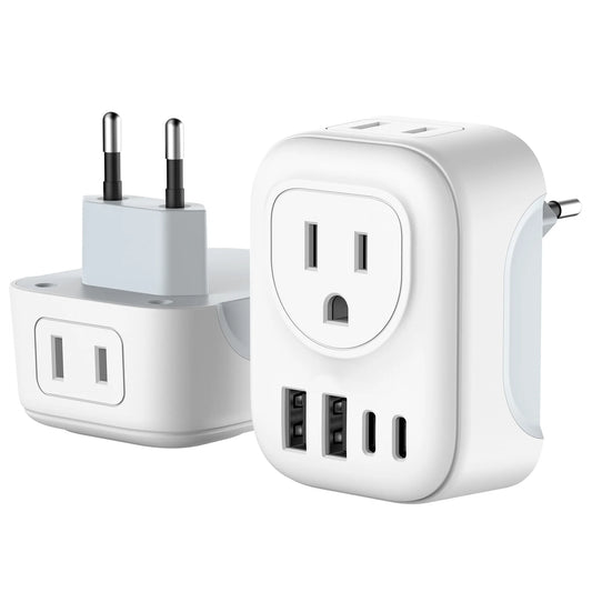 European Travel Plug Adapter,  International Plug Adapter with 2 AC Outlets 4 USB Ports(2 USB C), Type C Plug Adapter Travel Essentials for US to Most Europe France Germany Italy Spain