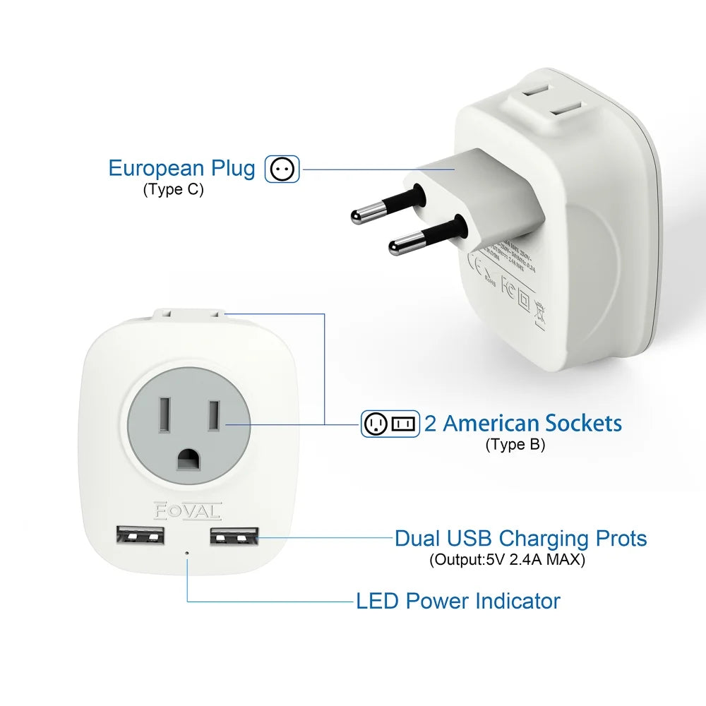2-Pack European Travel Plug Adapter with 2 USB Ports, 2 American Outlets, International Plug Outlet Adapter to Italy France(Type-C)