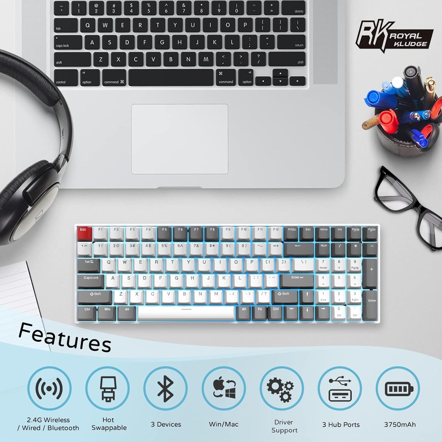 RK100 Wireless Mechanical Keyboard RGB Backlit Bluetooth5.1/2.4G/Wired 96% Full Size 100-Key Hot Swappable Gaming Keyboard Red Switch Classic