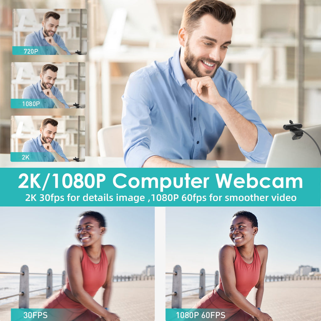 2K/1080P Webcam with 2 Microphones for Laptop Conference Streaming PC USB Web Cam Autofocus