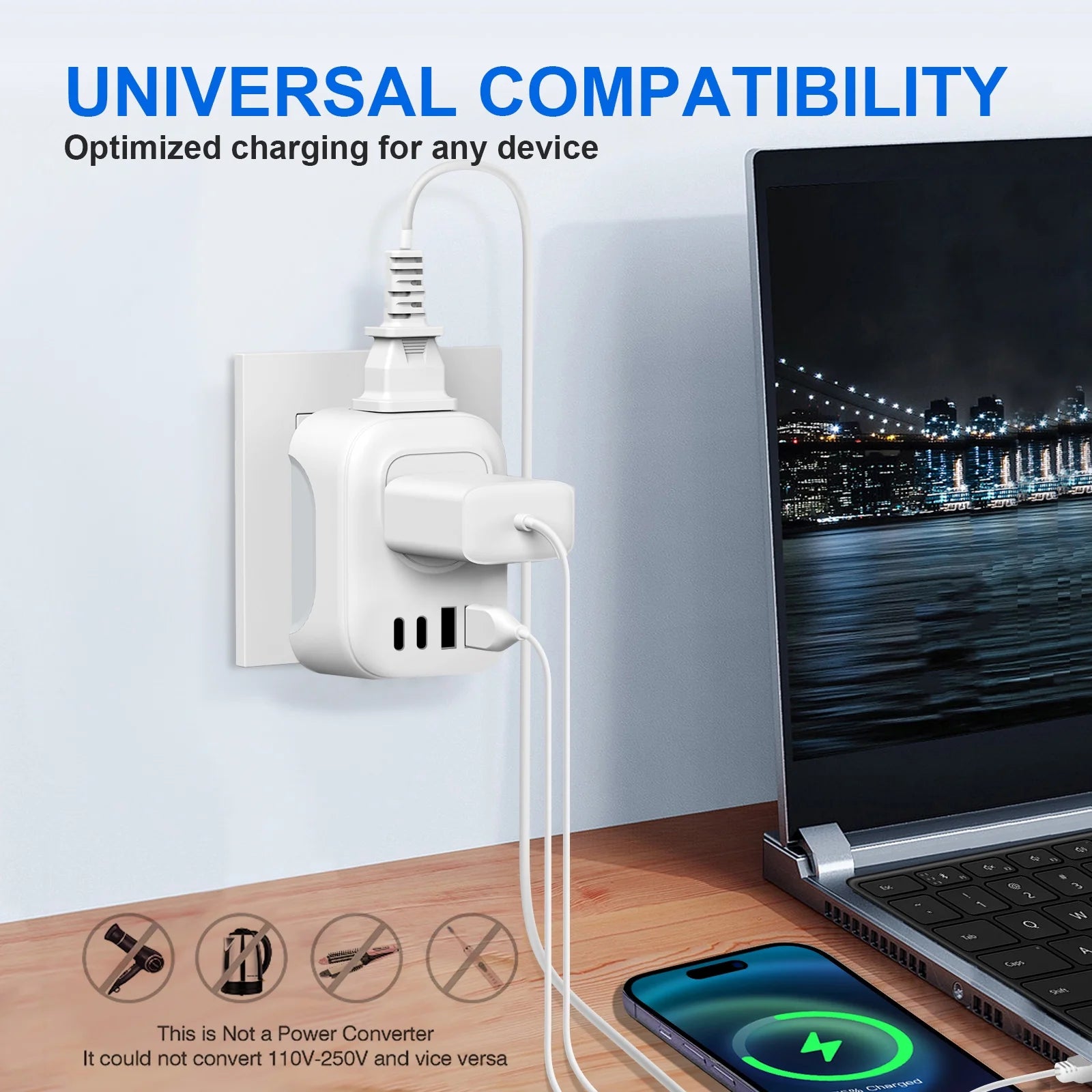 European Travel Plug Adapter,  International Plug Adapter with 2 AC Outlets 4 USB Ports(2 USB C), Type C Plug Adapter Travel Essentials for US to Most Europe France Germany Italy Spain