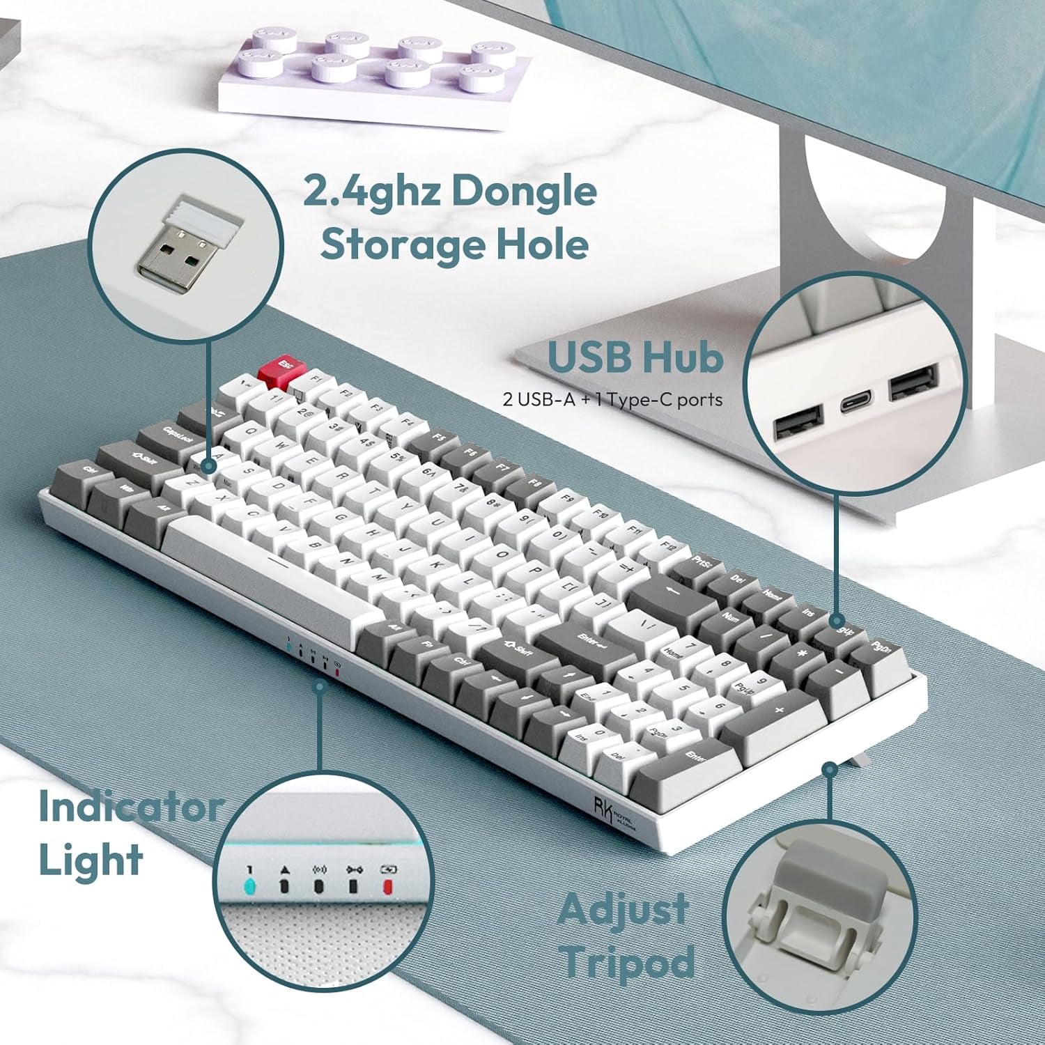 RK100 Wireless Mechanical Keyboard RGB Backlit Bluetooth5.1/2.4G/Wired 96% Full Size 100-Key Hot Swappable Gaming Keyboard Red Switch Classic