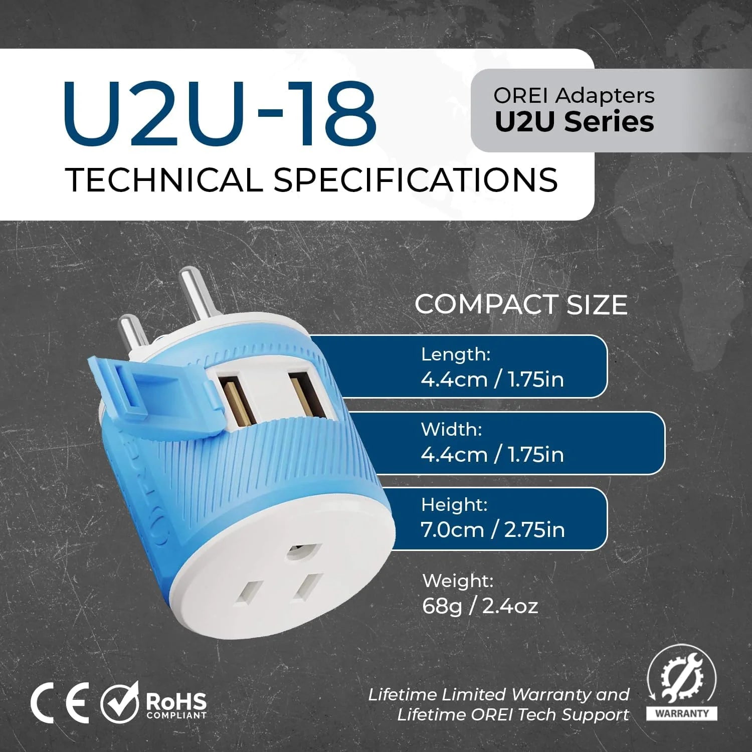Thailand Travel Plug Adapter with Dual USB - USA Input - Type O (U2U-18)