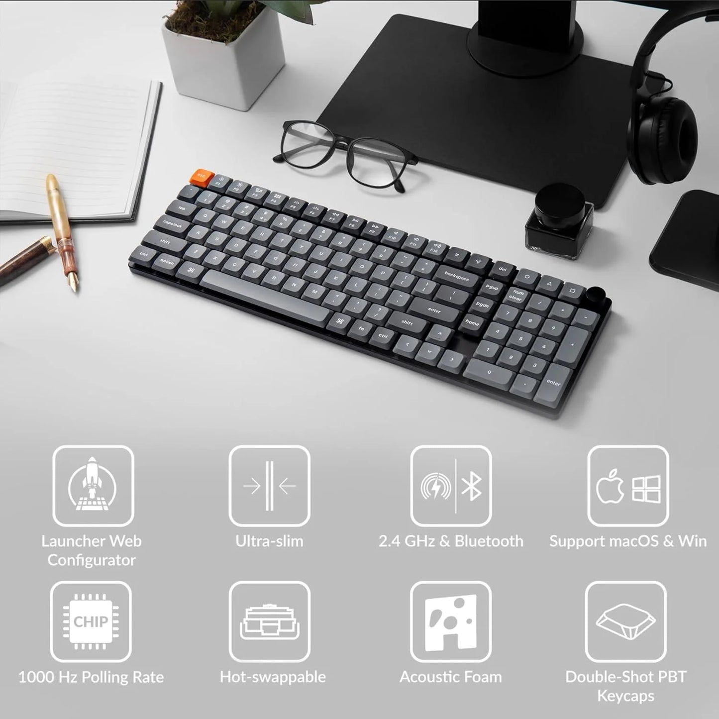 K17 Max Qmk/Launcher Ultra-Slim Wireless/Type-C Wired Mechanical Keyboard with RGB Backlit Hot-Swappable, Low-Profile Gateron Mechanical Red Switch Compatible with Mac Windows Linux