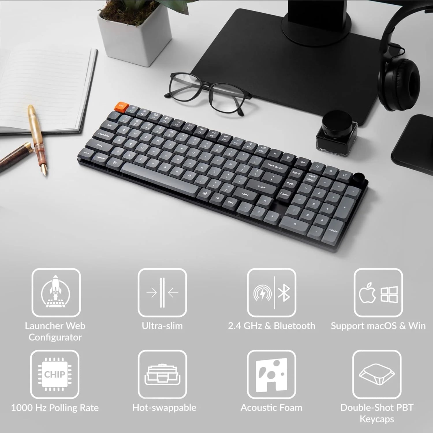 K17 Max Qmk/Launcher Ultra-Slim Wireless/Type-C Wired Mechanical Keyboard with RGB Backlit Hot-Swappable, Low-Profile Gateron Mechanical Red Switch Compatible with Mac Windows Linux