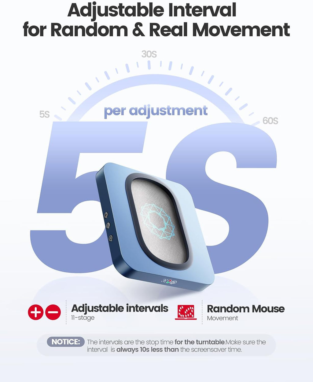 Enlarged Turntable Mouse Mover, Max 3 Mouse Jiggler with Adjustable Intervals User-Friendly Buttons and LED Display Mouse Shaker Wiggler to Keep Your PC Awake