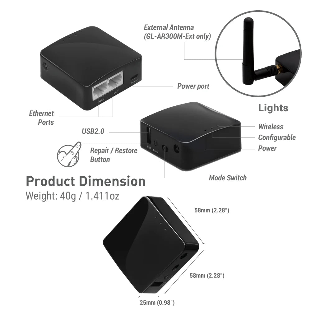 Gl-Ar300M16-Ext Portable Mini Travel Wireless Pocket Router - External Antennas | Wifi Router/Access Point/Extender/Wds | Openwrt | 2 X Ethernet Ports | Openvpn/Wireguard VPN