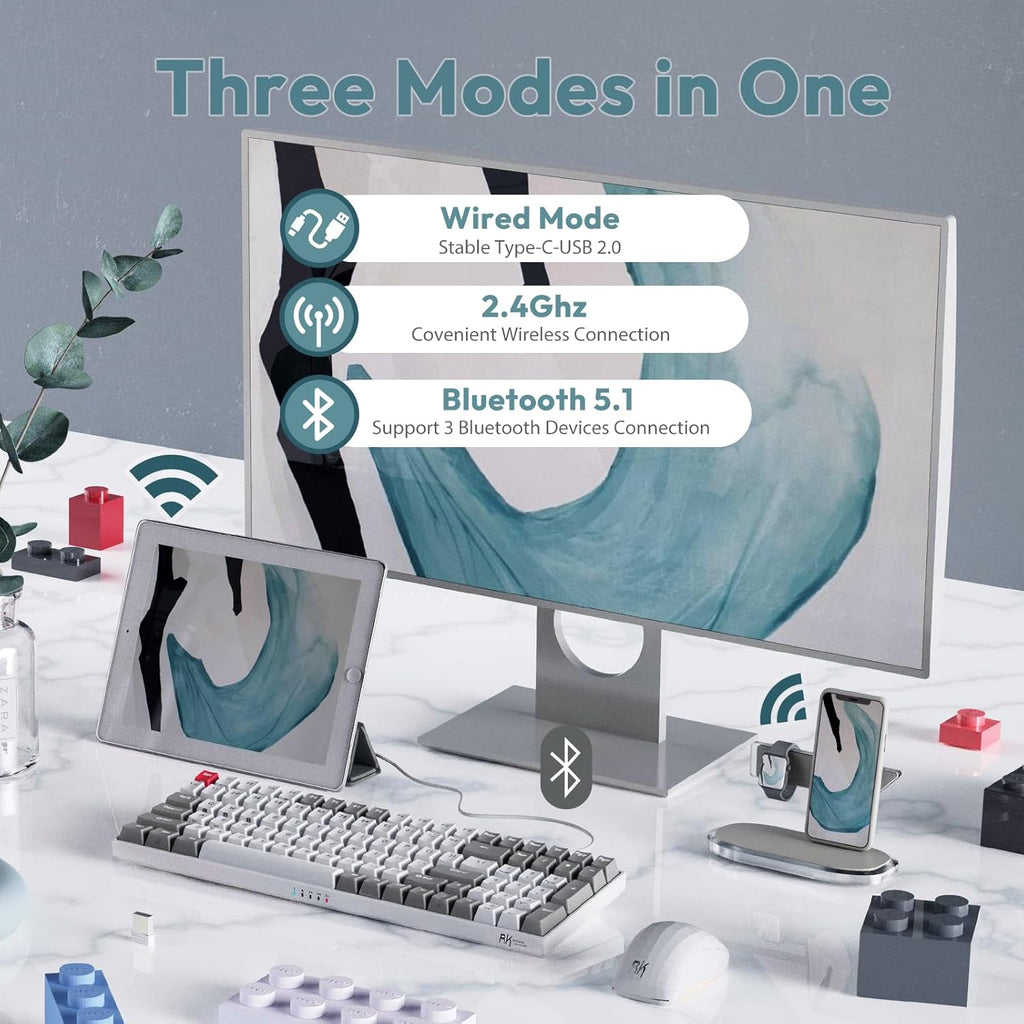 RK100 Wireless Mechanical Keyboard RGB Backlit Bluetooth5.1/2.4G/Wired 96% Full Size 100-Key Hot Swappable Gaming Keyboard Red Switch Classic