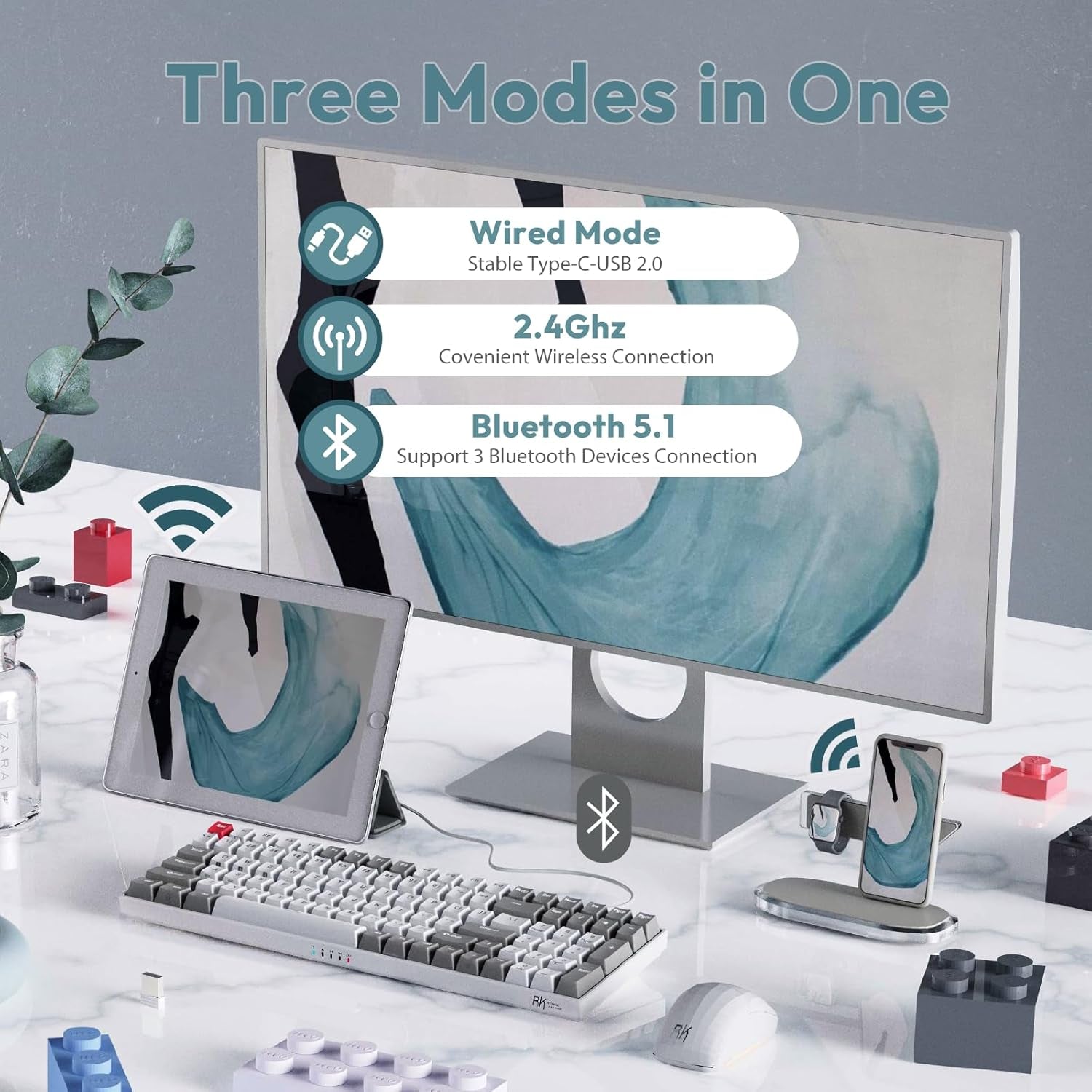 RK100 Wireless Mechanical Keyboard RGB Backlit Bluetooth5.1/2.4G/Wired 96% Full Size 100-Key Hot Swappable Gaming Keyboard Red Switch Classic