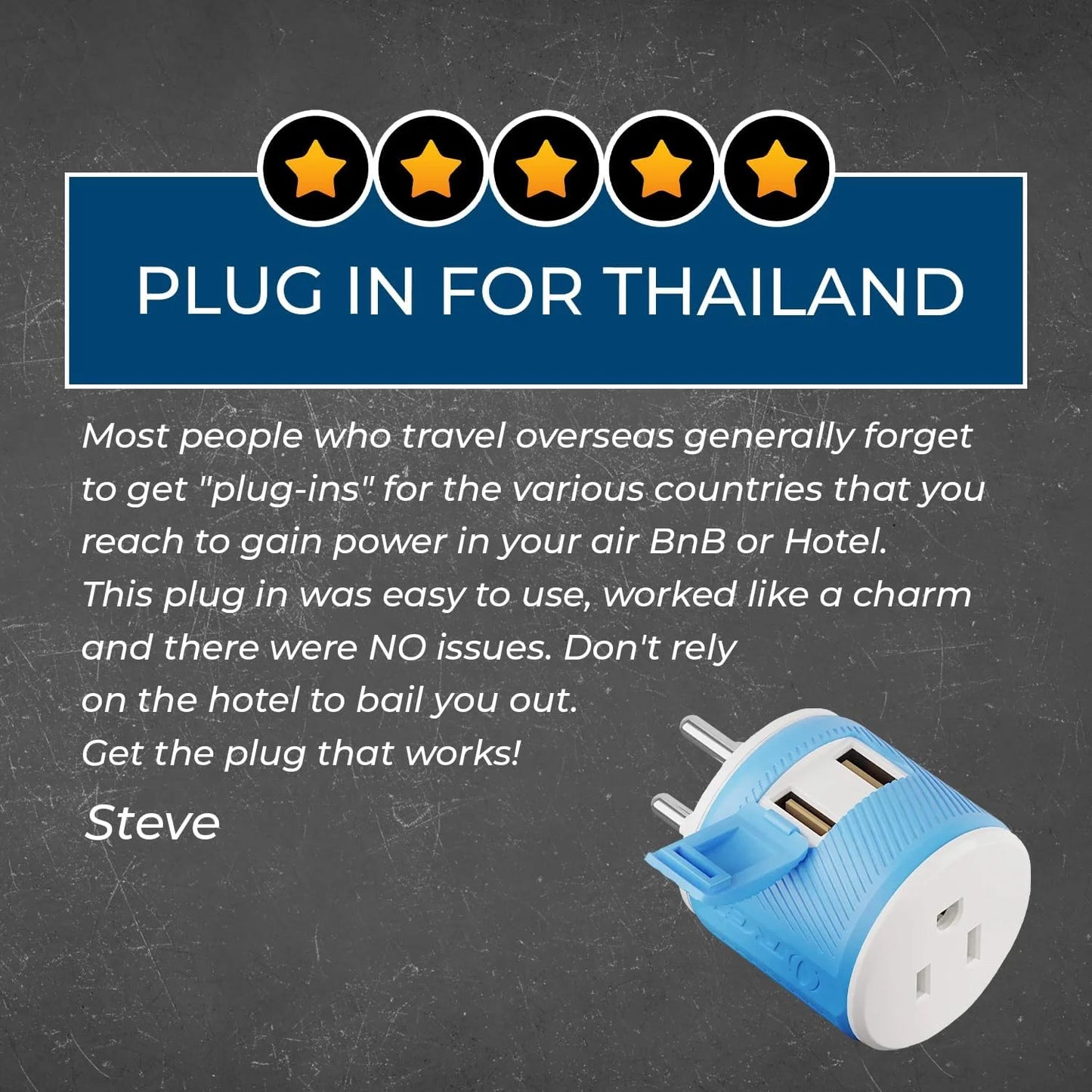 Thailand Travel Plug Adapter with Dual USB - USA Input - Type O (U2U-18)