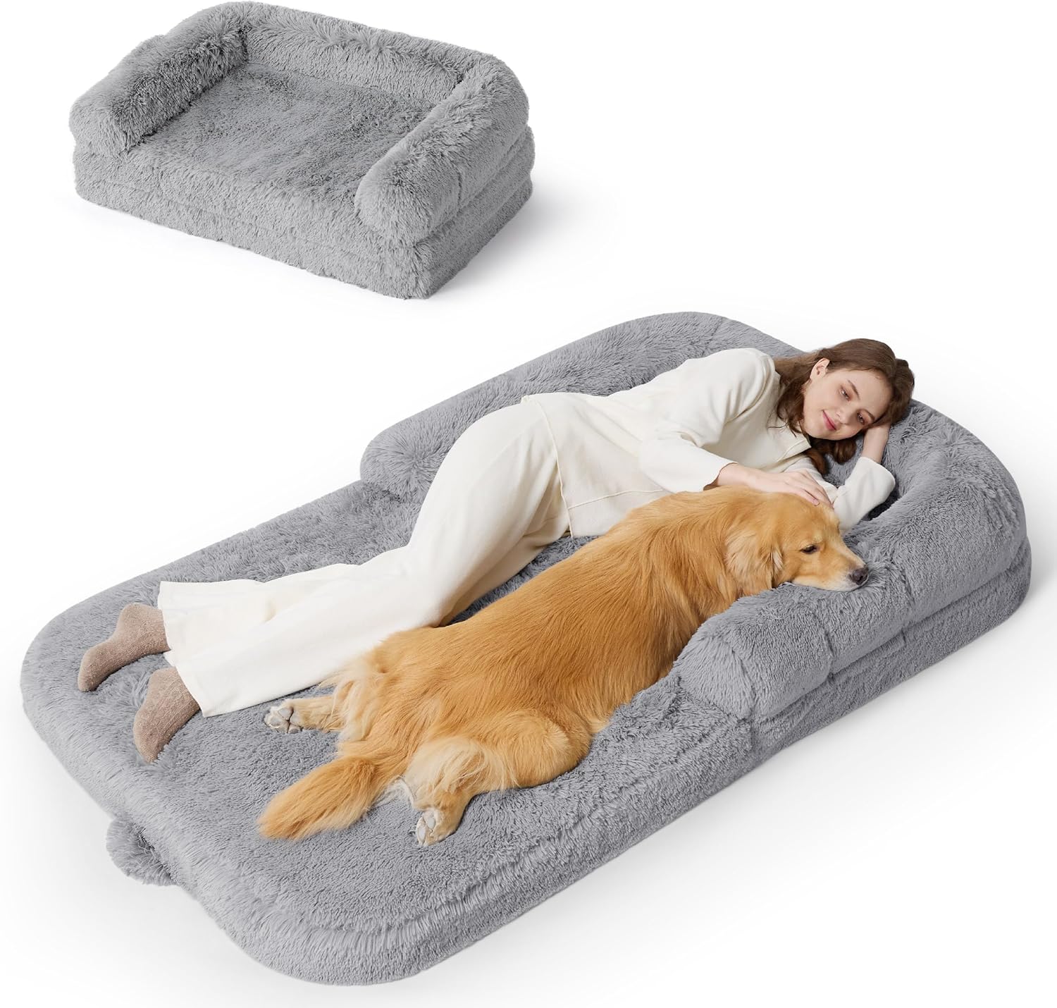 Ultimate Foldable Human Dog Bed - 2-in-1 Cozy Giant Bed with Supportive Bolster, Waterproof Liner, and Calming Faux Fur in Dark Grey