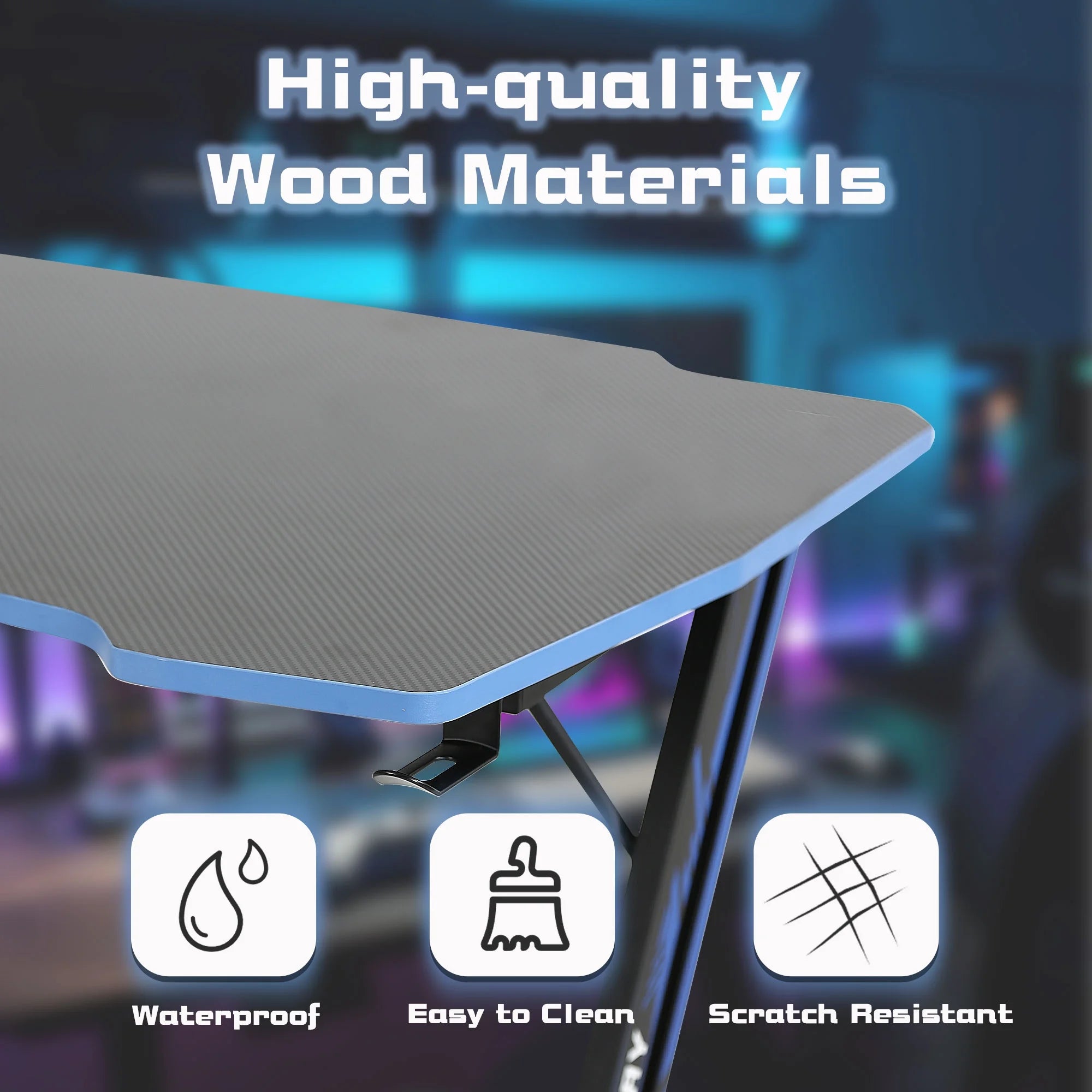 Gaming Desk Z Shaped 48 Inch Gaming Workstation Ergonomic Gaming Table PC Computer Desk with Headphone Hook, Blue