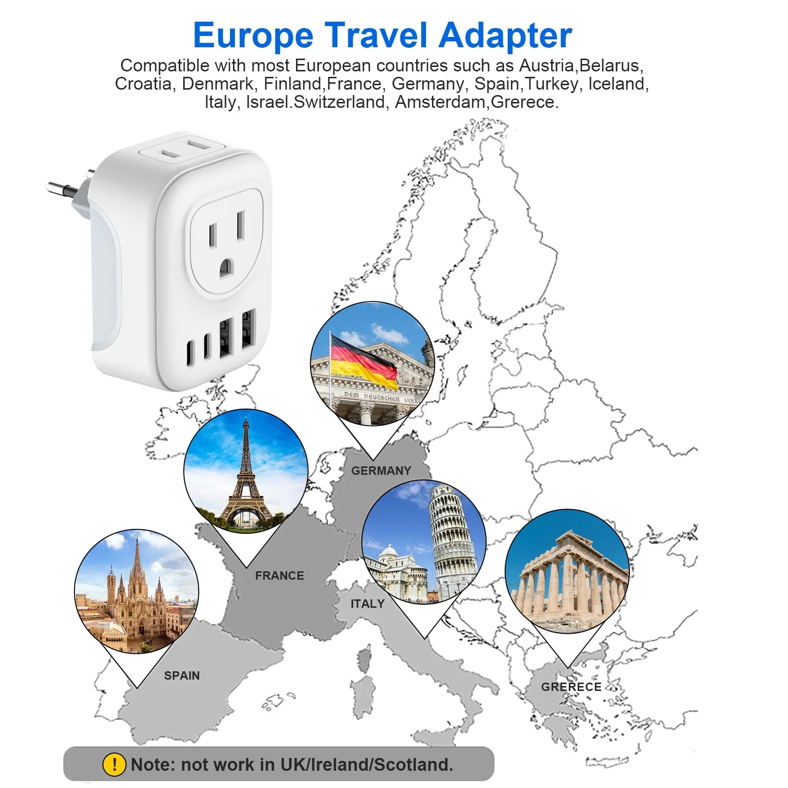 European Travel Plug Adapter,  International Plug Adapter with 2 AC Outlets 4 USB Ports(2 USB C), Type C Plug Adapter Travel Essentials for US to Most Europe France Germany Italy Spain