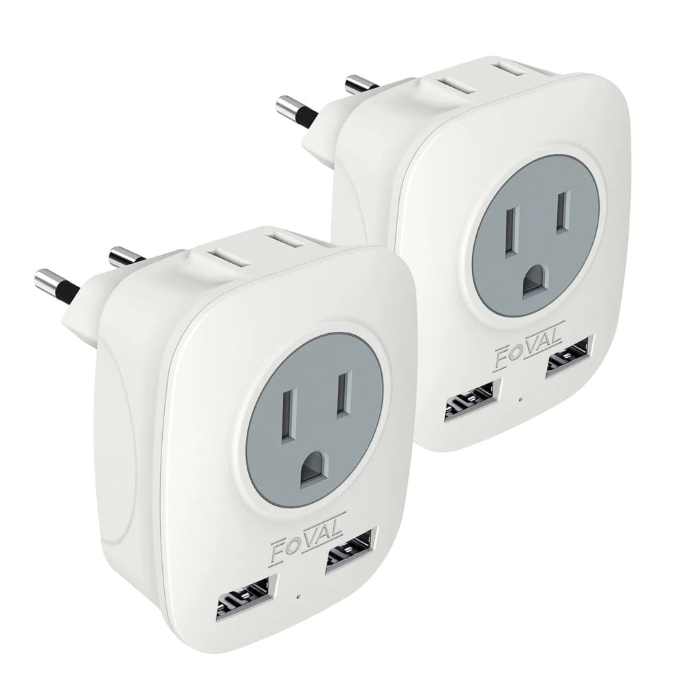 2-Pack European Travel Plug Adapter with 2 USB Ports, 2 American Outlets, International Plug Outlet Adapter to Italy France(Type-C)