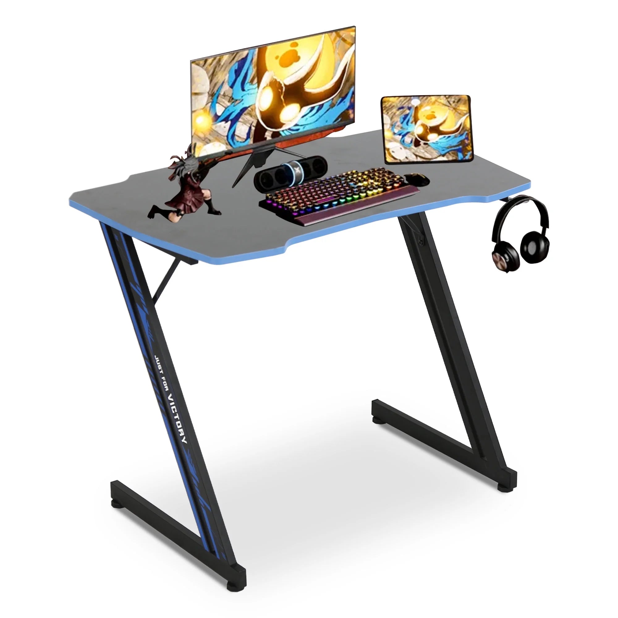 Gaming Desk Z Shaped 48 Inch Gaming Workstation Ergonomic Gaming Table PC Computer Desk with Headphone Hook, Blue