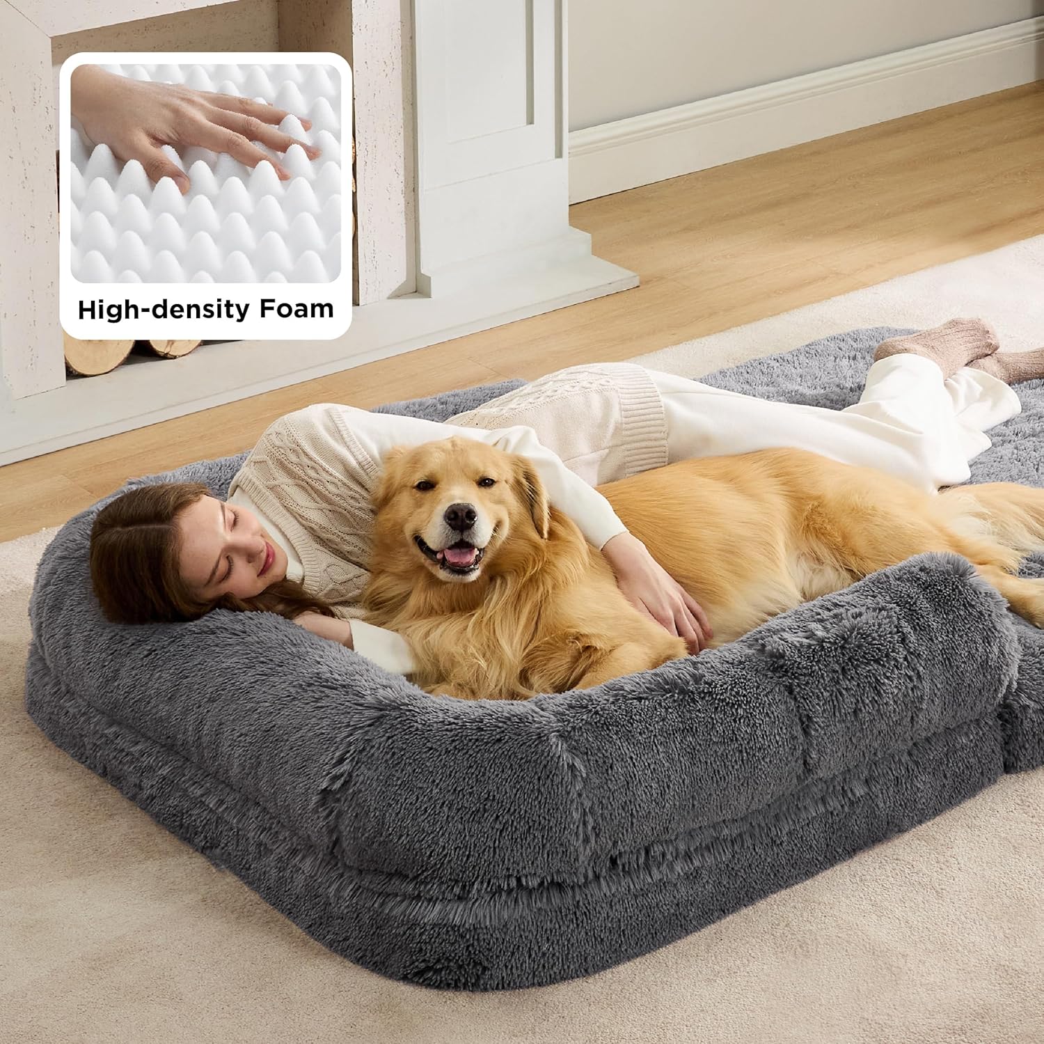 Ultimate Foldable Human Dog Bed - 2-in-1 Cozy Giant Bed with Supportive Bolster, Waterproof Liner, and Calming Faux Fur in Dark Grey