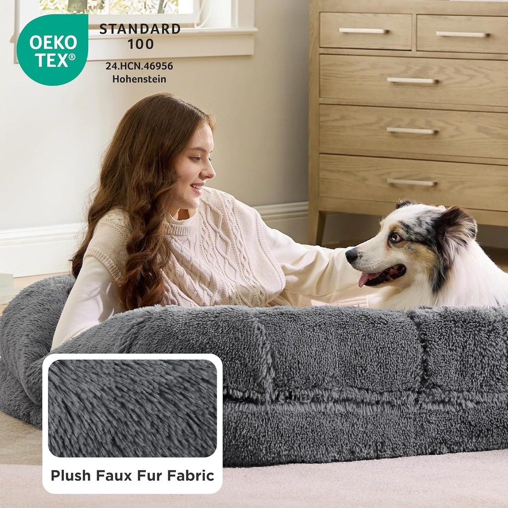 Ultimate Foldable Human Dog Bed - 2-in-1 Cozy Giant Bed with Supportive Bolster, Waterproof Liner, and Calming Faux Fur in Dark Grey