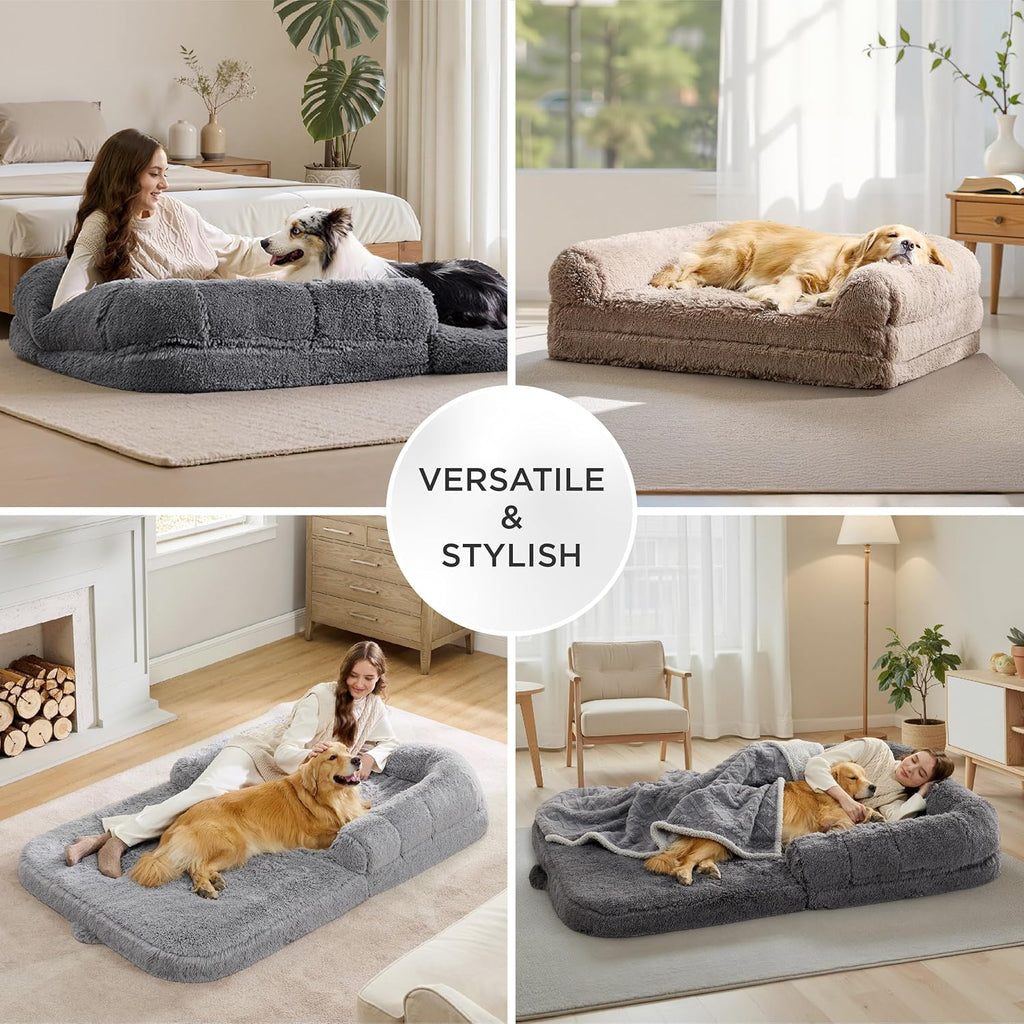 Ultimate Foldable Human Dog Bed - 2-in-1 Cozy Giant Bed with Supportive Bolster, Waterproof Liner, and Calming Faux Fur in Dark Grey