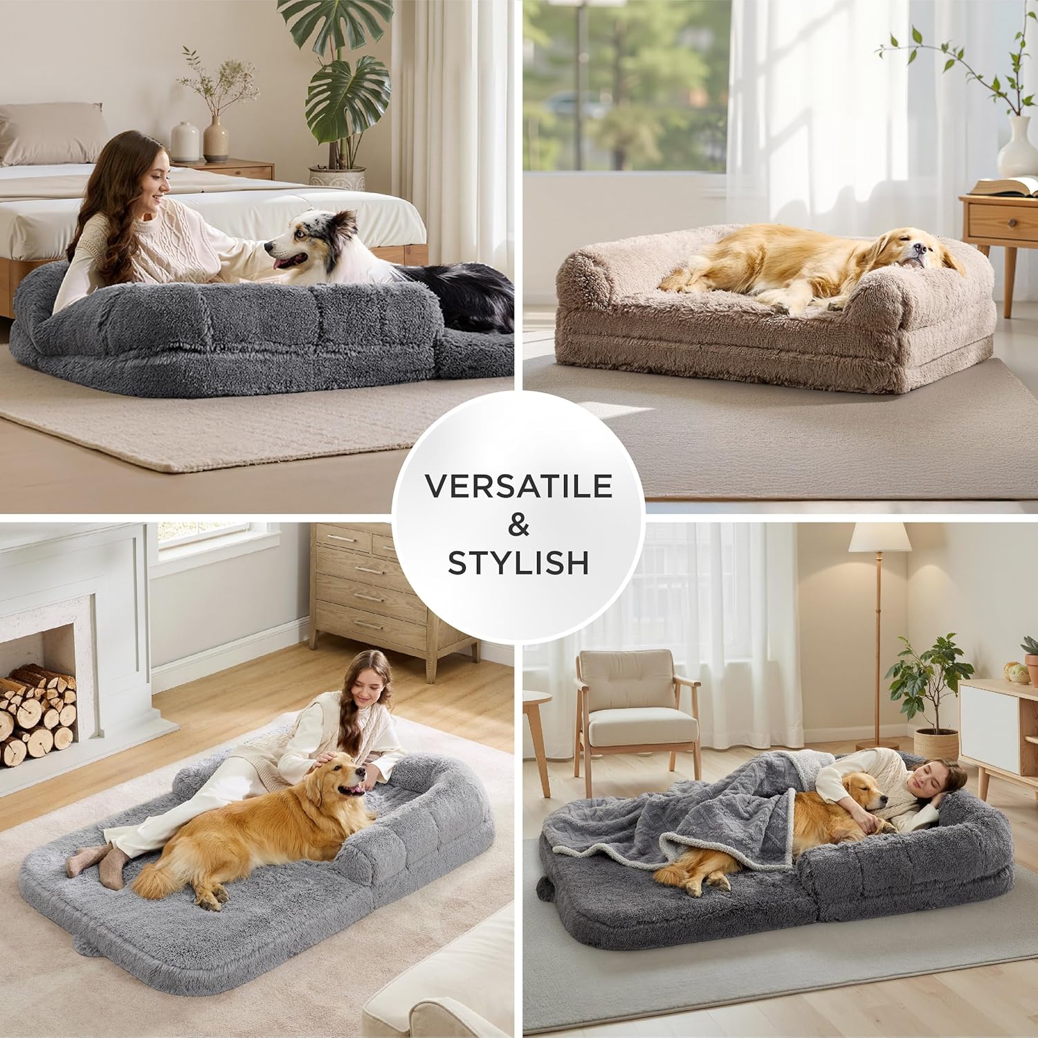 Ultimate Foldable Human Dog Bed - 2-in-1 Cozy Giant Bed with Supportive Bolster, Waterproof Liner, and Calming Faux Fur in Dark Grey