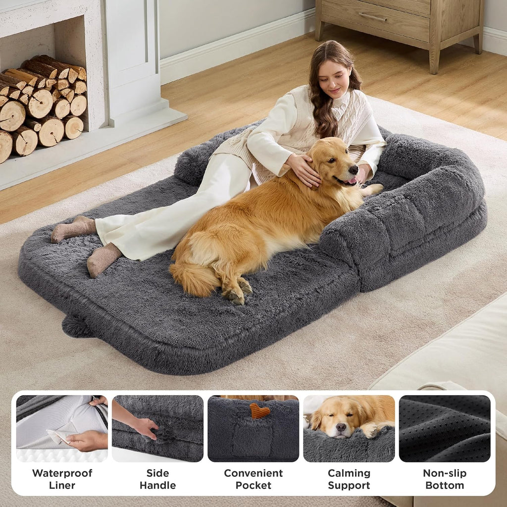 Ultimate Foldable Human Dog Bed - 2-in-1 Cozy Giant Bed with Supportive Bolster, Waterproof Liner, and Calming Faux Fur in Dark Grey
