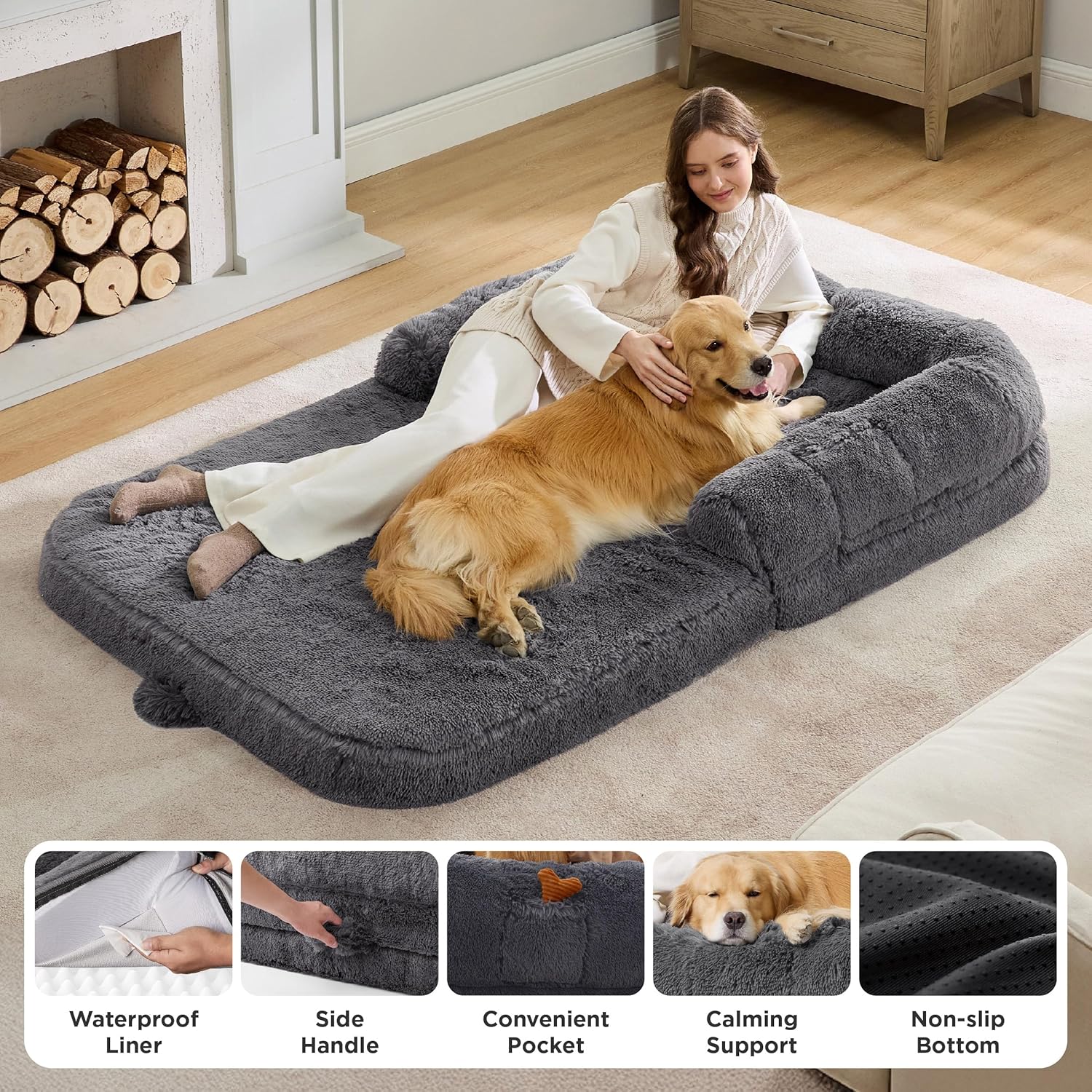 Ultimate Foldable Human Dog Bed - 2-in-1 Cozy Giant Bed with Supportive Bolster, Waterproof Liner, and Calming Faux Fur in Dark Grey