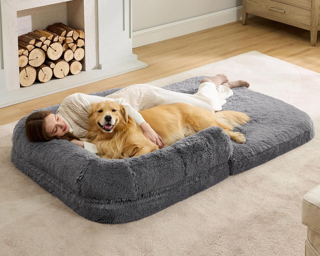 Ultimate Foldable Human Dog Bed - 2-in-1 Cozy Giant Bed with Supportive Bolster, Waterproof Liner, and Calming Faux Fur in Dark Grey