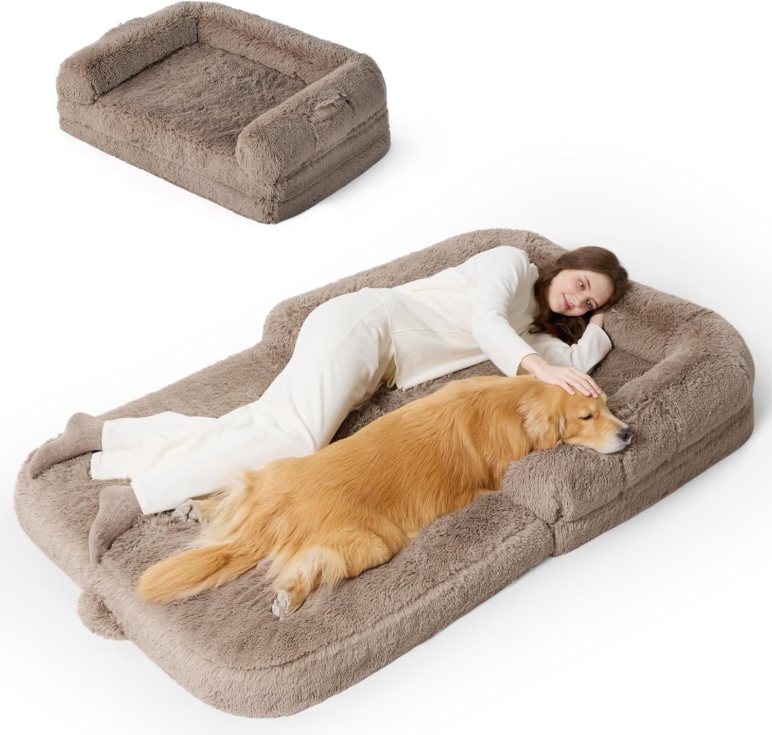 Ultimate Foldable Human Dog Bed - 2-in-1 Cozy Giant Bed with Supportive Bolster, Waterproof Liner, and Calming Faux Fur in Dark Grey