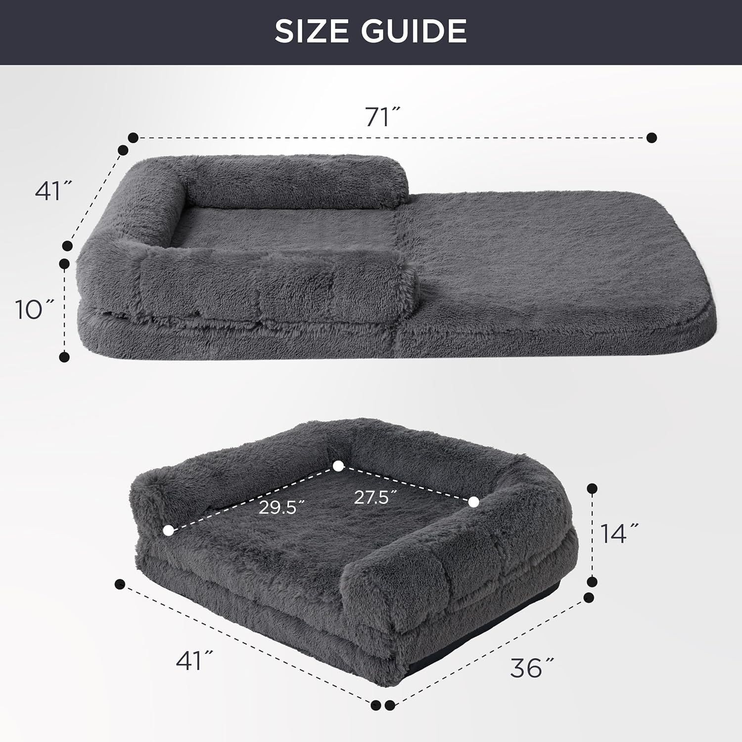 Ultimate Foldable Human Dog Bed - 2-in-1 Cozy Giant Bed with Supportive Bolster, Waterproof Liner, and Calming Faux Fur in Dark Grey