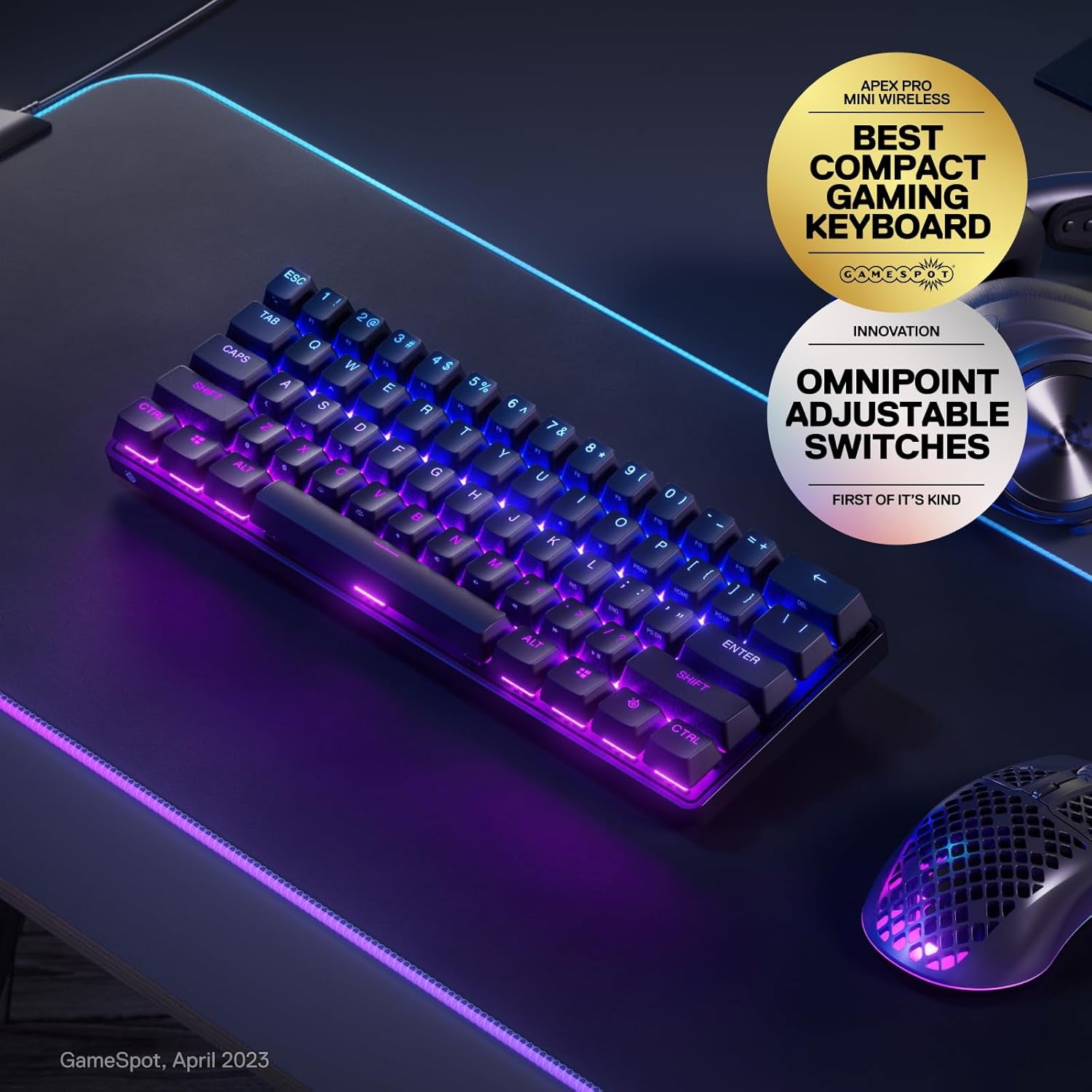 Apex Pro Mini Wireless Keyboard - 60% Design - Omnipoint 2.0 - Quantum 2.0 Wireless - Double Shot PBT Keycaps - Black