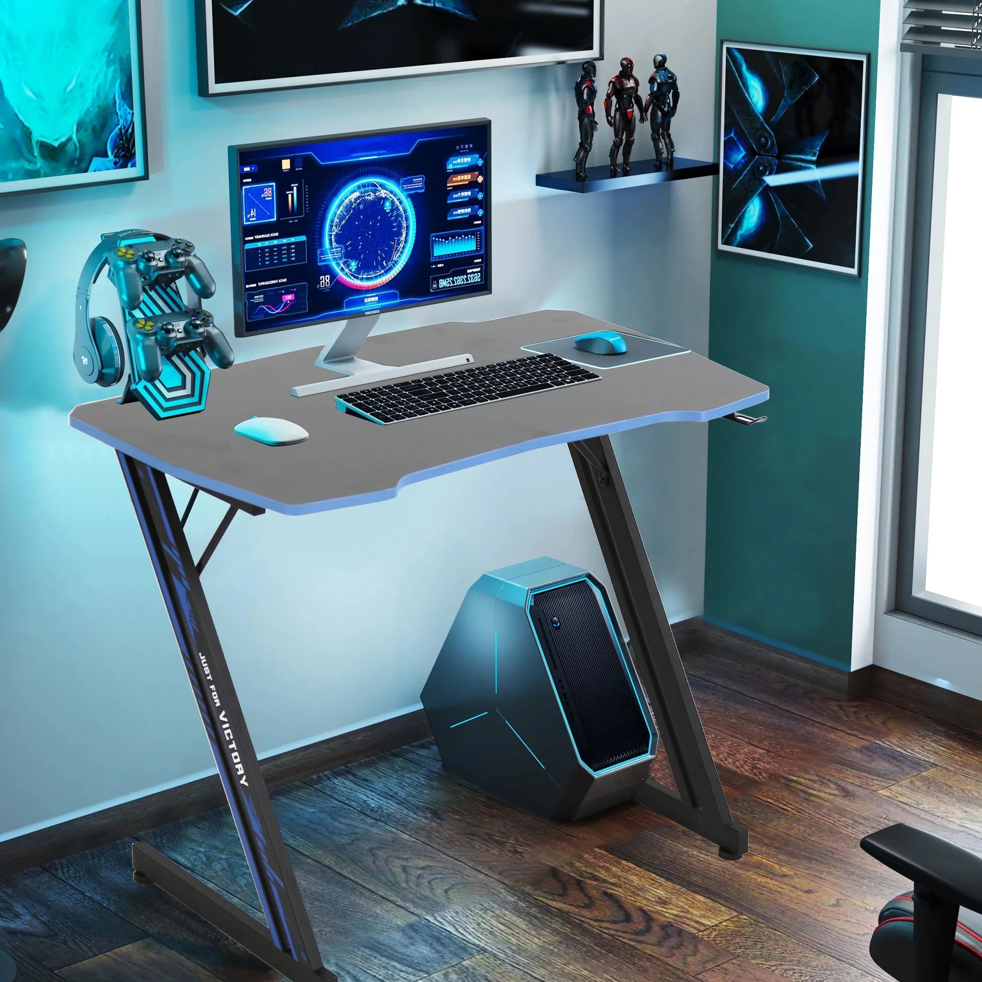 Gaming Desk Z Shaped 48 Inch Gaming Workstation Ergonomic Gaming Table PC Computer Desk with Headphone Hook, Blue