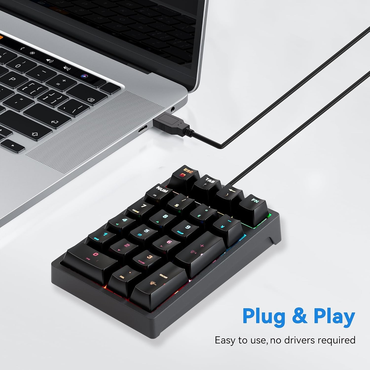 Number Pad, Mechanical USB Wired Numeric Keypad with Blue LED Backlit 21 Key Min