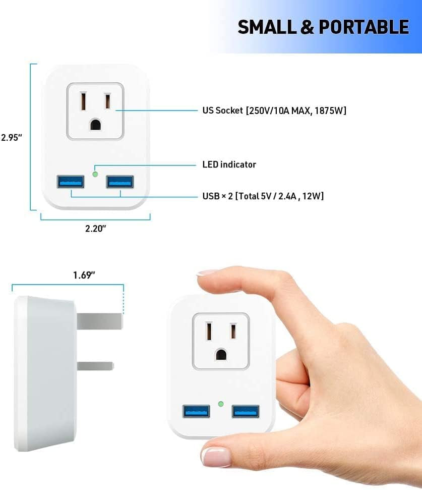 Type G UK Power Plug Adapter, 2 Packs Travel Adapter for US to British England, London, Ireland, Scotland, AC Outlets with 2 USB Charging Port for Smartphone, Etc