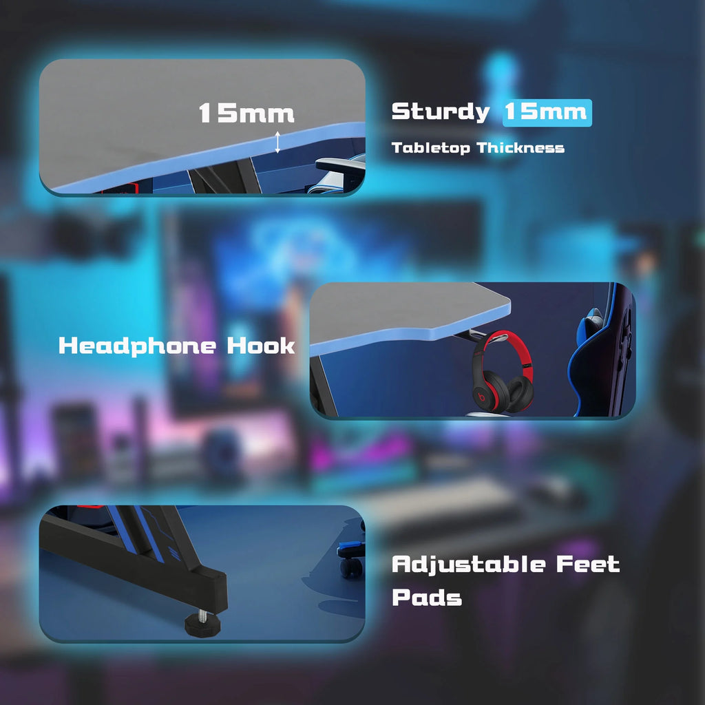 Gaming Desk Z Shaped 48 Inch Gaming Workstation Ergonomic Gaming Table PC Computer Desk with Headphone Hook, Blue