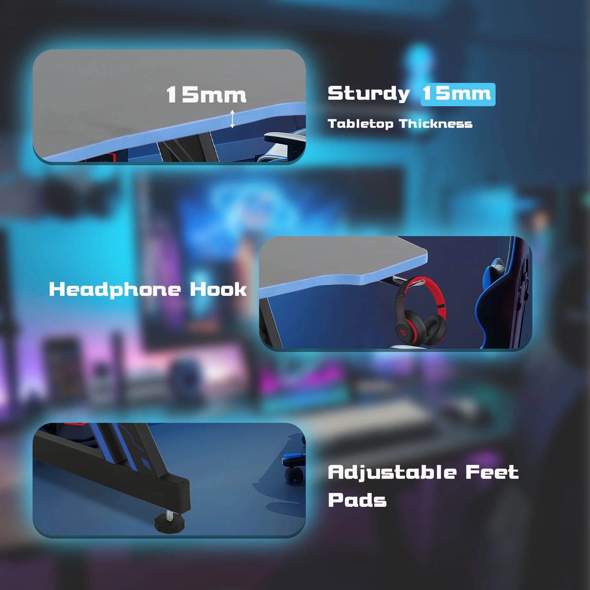 Gaming Desk Z Shaped 48 Inch Gaming Workstation Ergonomic Gaming Table PC Computer Desk with Headphone Hook, Blue