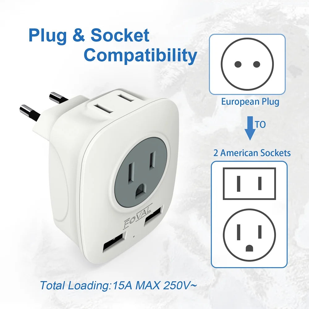 2-Pack European Travel Plug Adapter with 2 USB Ports, 2 American Outlets, International Plug Outlet Adapter to Italy France(Type-C)