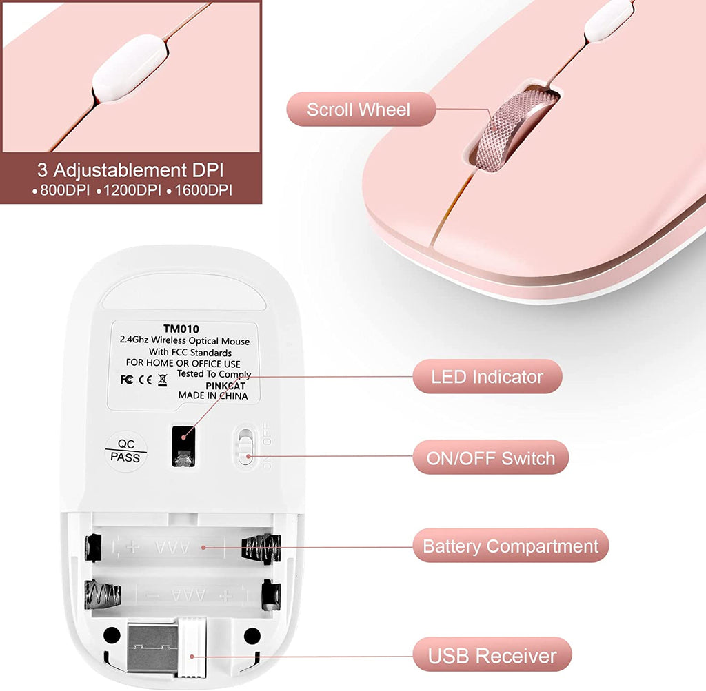 Wireless Flat Mouse, 2.4G Optical Mouse for Laptop, PC, Chromebook, Notebook, Especially Designed for Computer Bags (Pink)