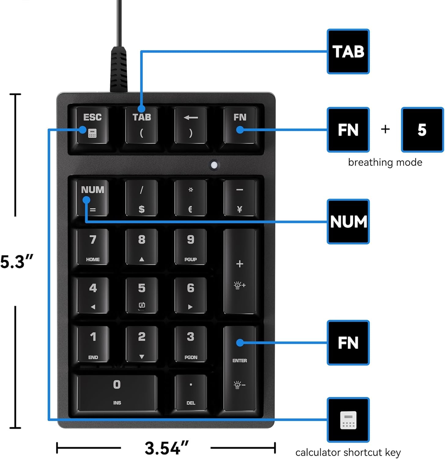 Number Pad, Mechanical USB Wired Numeric Keypad with Blue LED Backlit 21 Key Min