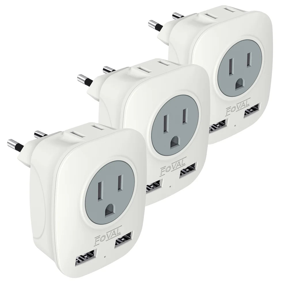 European Plug Travel Adapter 3 Pack,  International Power Adaptor with 2 USB, 2 American Outlets, 4 in 1 Outlet Adapter US to Most of Europe France Germany Spain Greece Italy Iceland (Type C)
