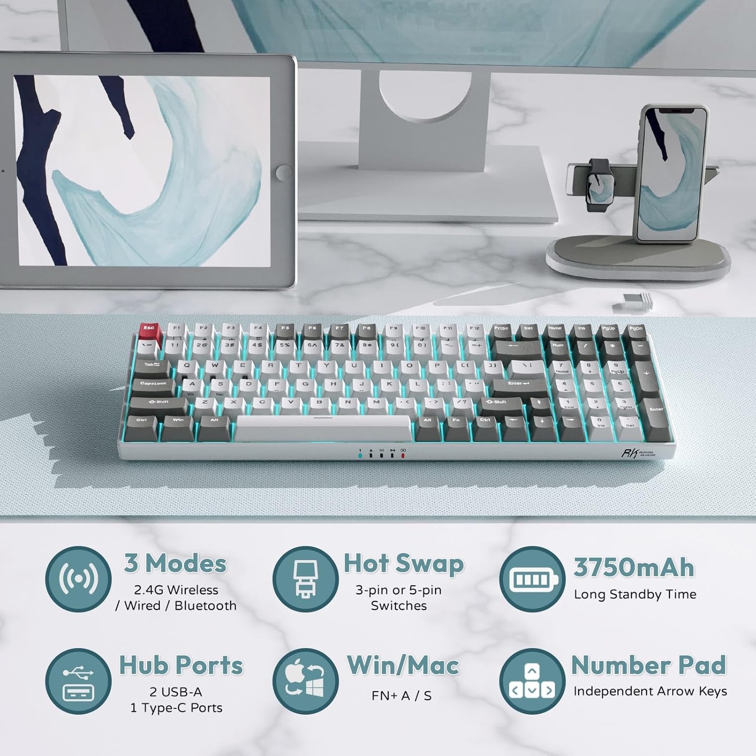 RK100 Wireless Mechanical Keyboard RGB Backlit Bluetooth5.1/2.4G/Wired 96% Full Size 100-Key Hot Swappable Gaming Keyboard Red Switch Classic