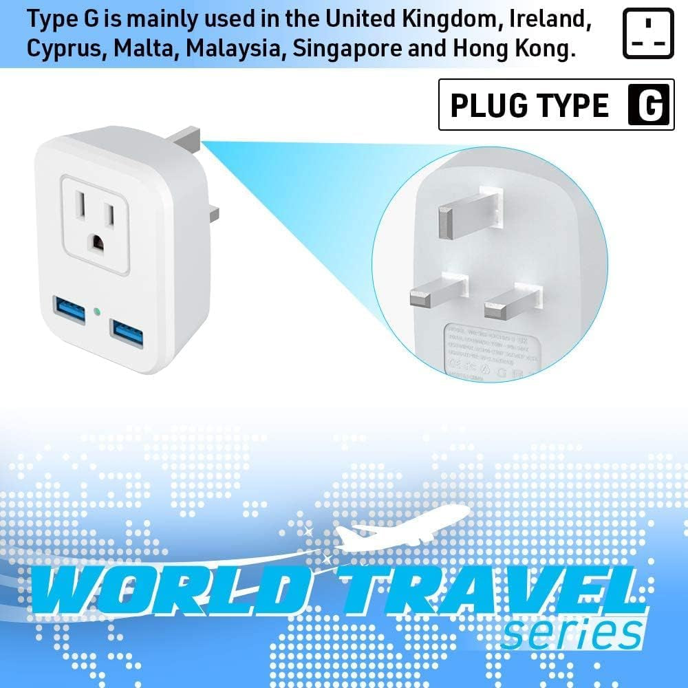 Type G UK Power Plug Adapter, 2 Packs Travel Adapter for US to British England, London, Ireland, Scotland, AC Outlets with 2 USB Charging Port for Smartphone, Etc