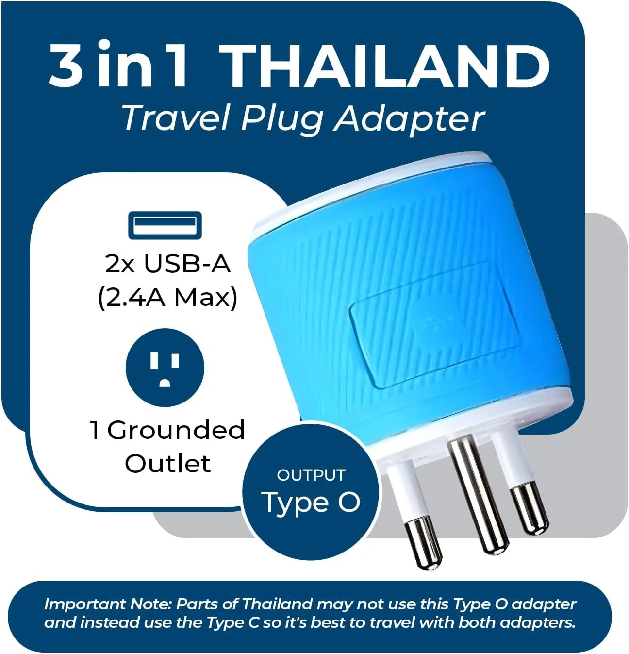 Thailand Travel Plug Adapter with Dual USB - USA Input - Type O (U2U-18)